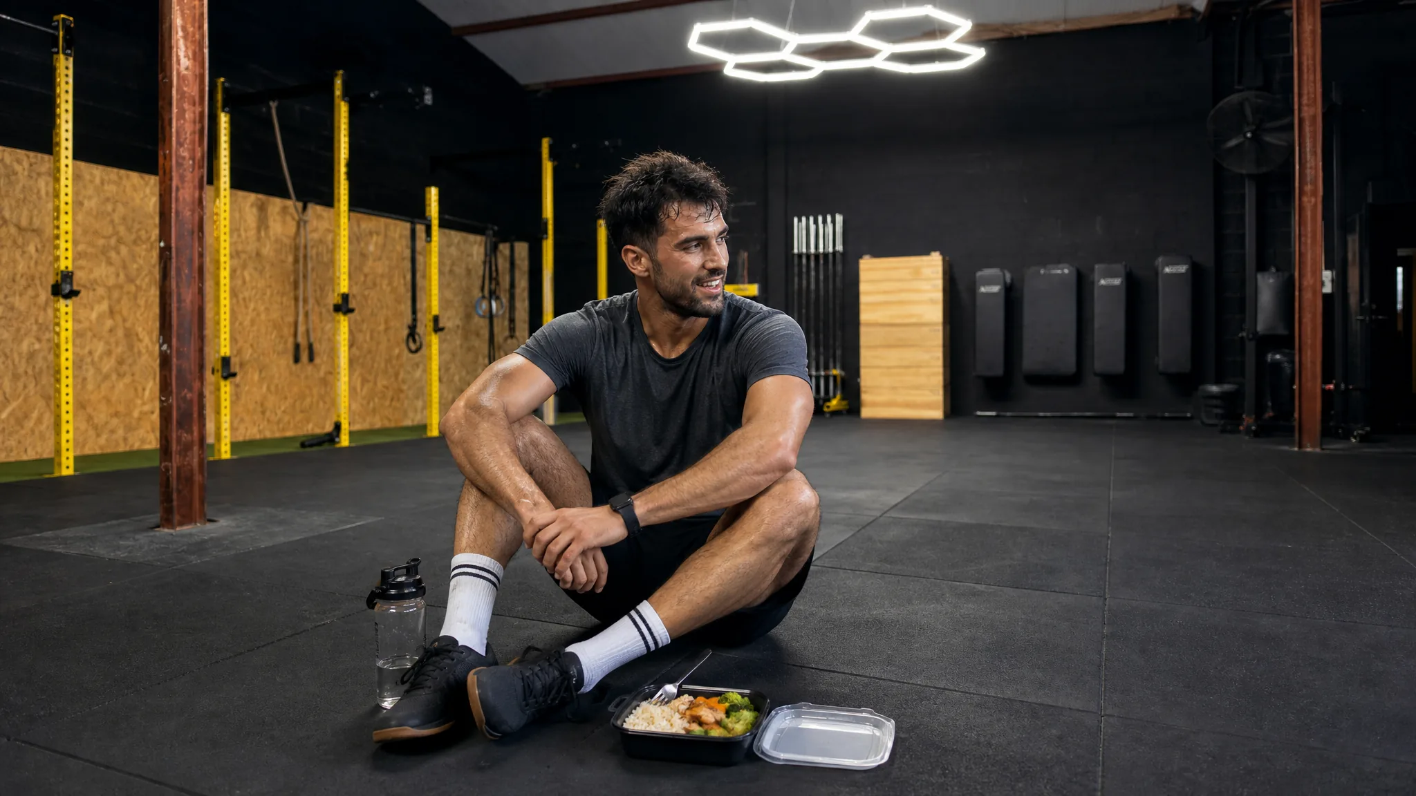 Atleta comiendo comida nutritiva después del entrenamiento